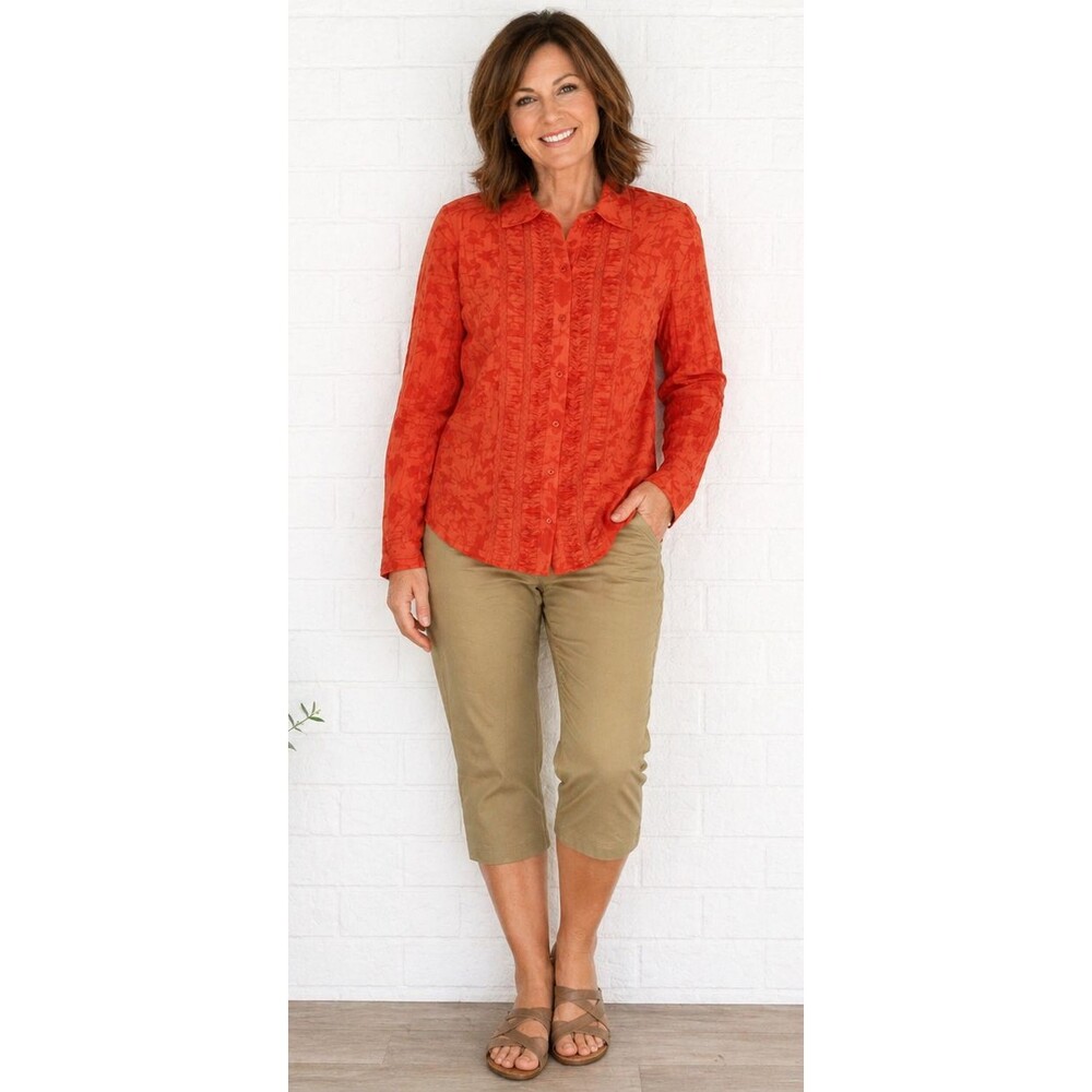 CHICO'S 2 L  12 14 Tangerine Floral Tucked Detail Lightweight Button Front Shirt